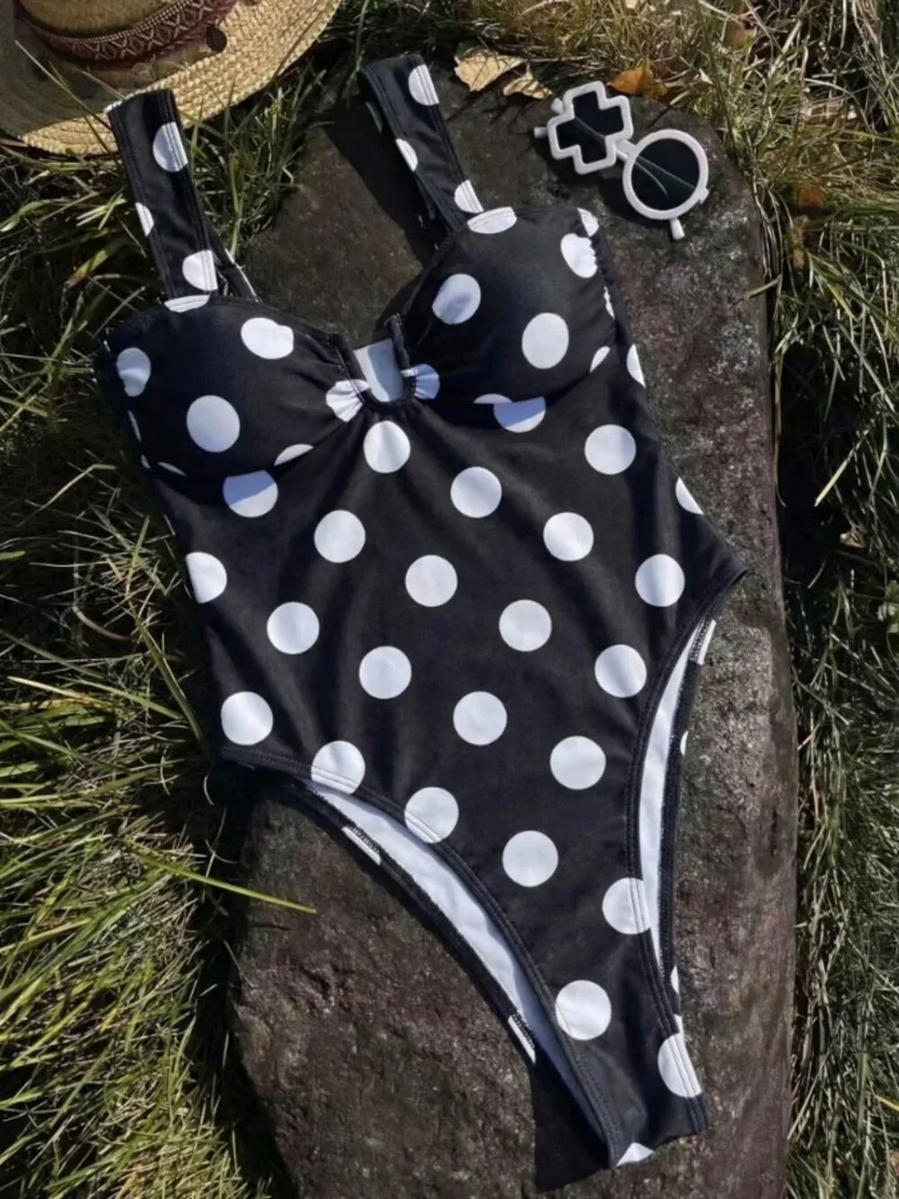 Multicolor Elegant Women's French Polka Dot One-Piece Swimsuit - Picture 4 of 6